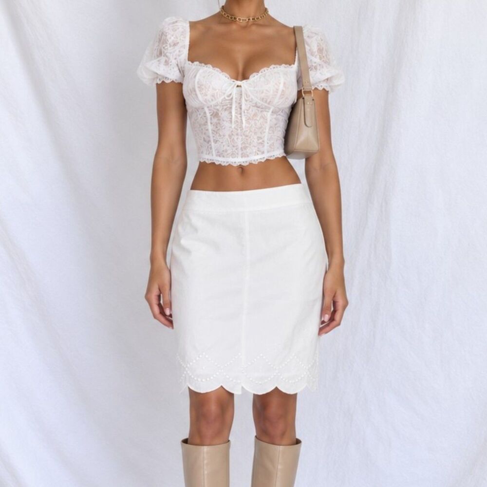 Vintage Y2K 90s White Straight Pencil Knee Length Scalloped Hem Skirt Size S/M
